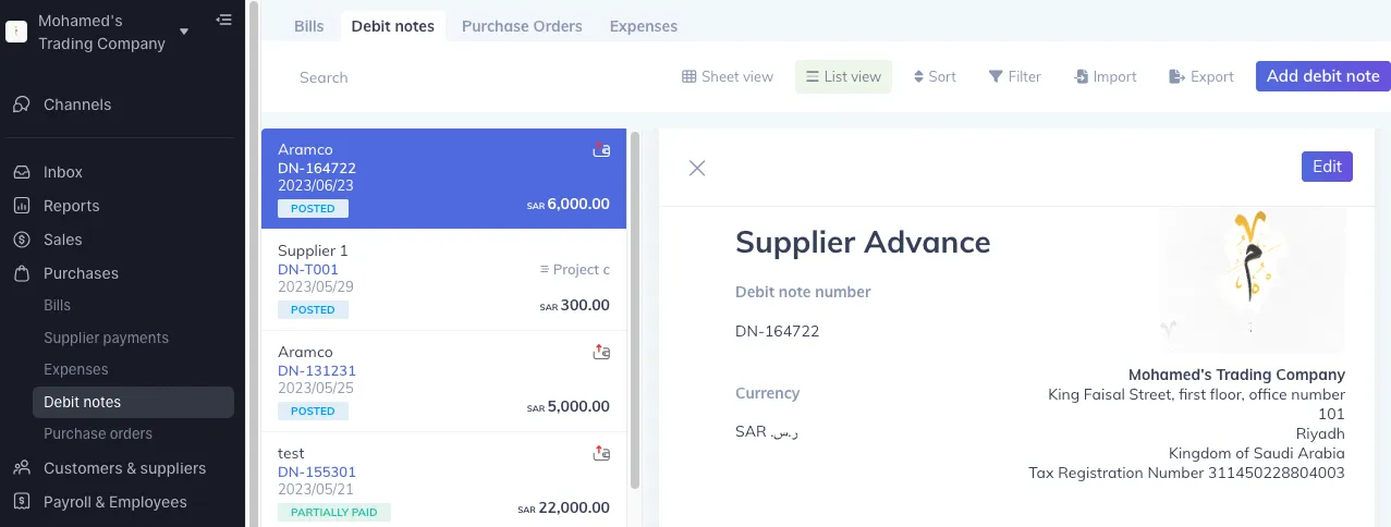 debit note created from a supplier advance